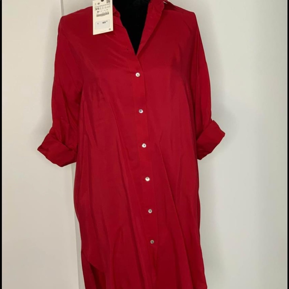 Red button up tunic dress